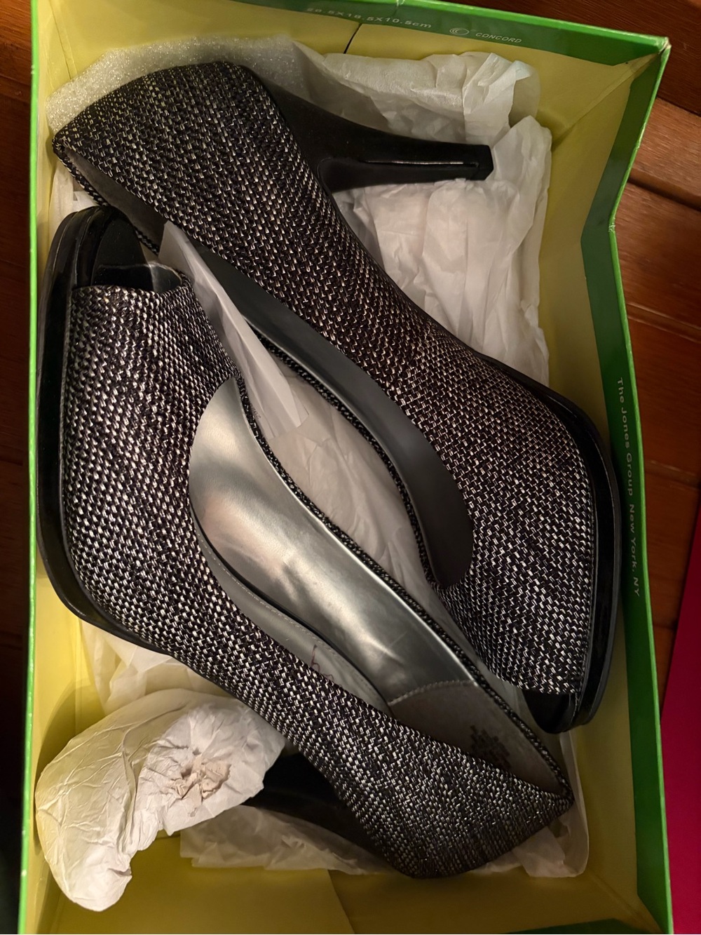 Sam & Libby Black Metallic Tweed Peep-Toe Pumps